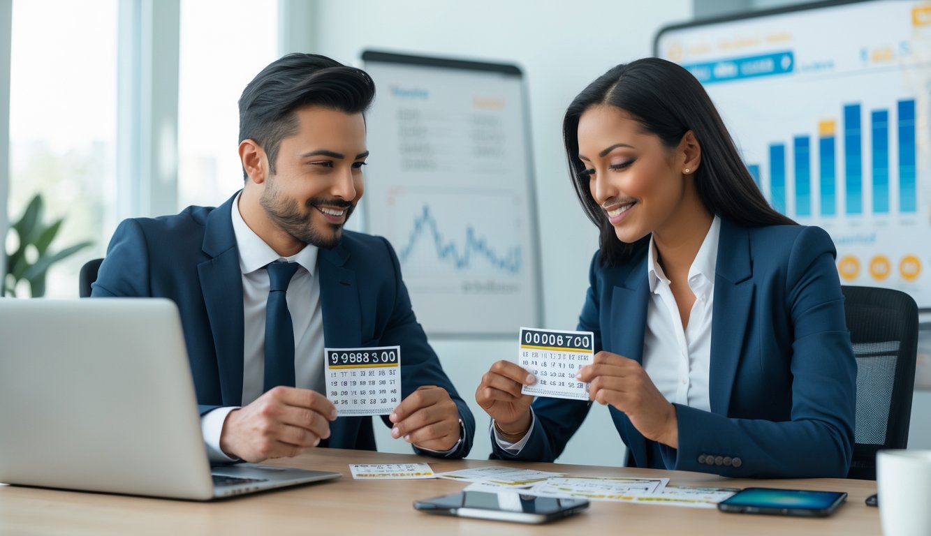 Seorang pria dan wanita berpakaian rapi sedang berdiskusi di kantor modern dengan perangkat digital dan tiket lotre di meja.