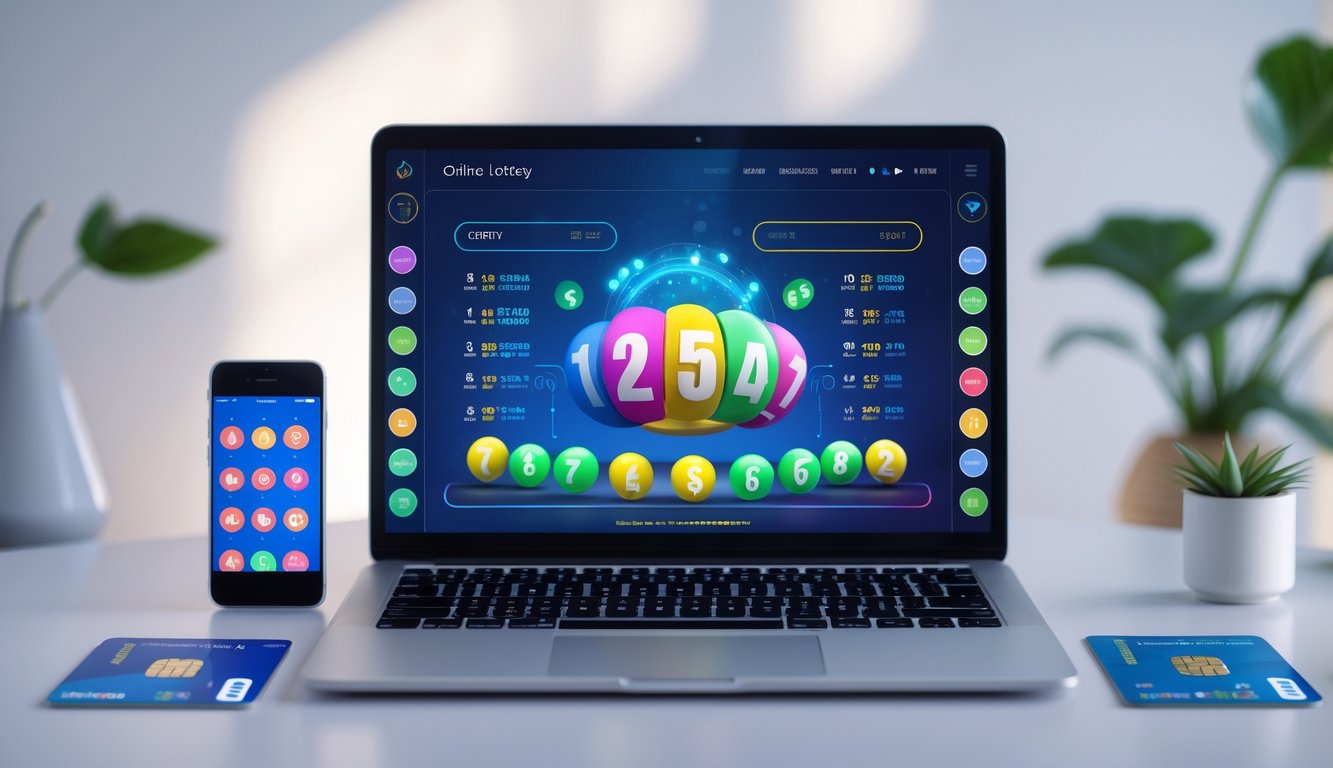 Meja kerja modern dengan laptop yang menampilkan antarmuka permainan togel online, smartphone dengan aplikasi pembayaran, dan kartu kredit di sekitarnya.