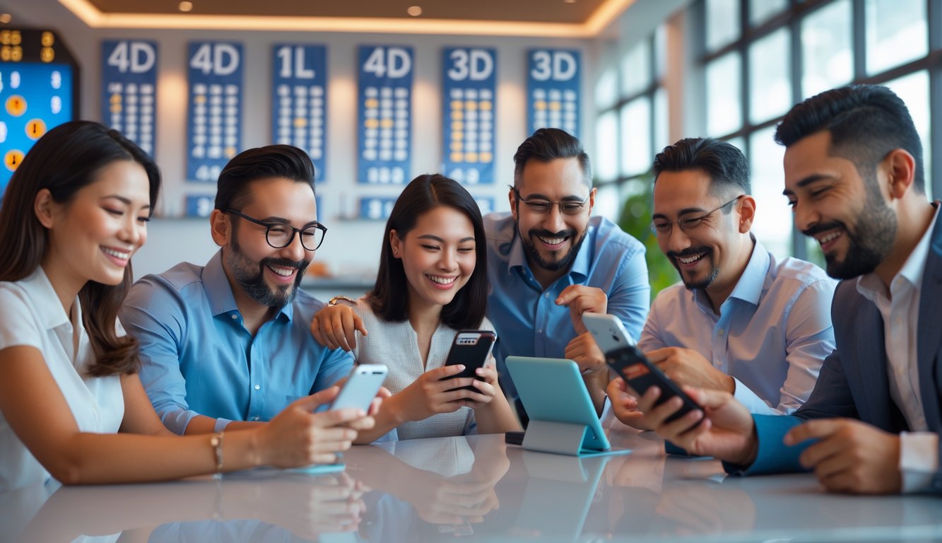 Beberapa orang dewasa sedang menggunakan perangkat digital di ruangan modern yang berhubungan dengan permainan togel.