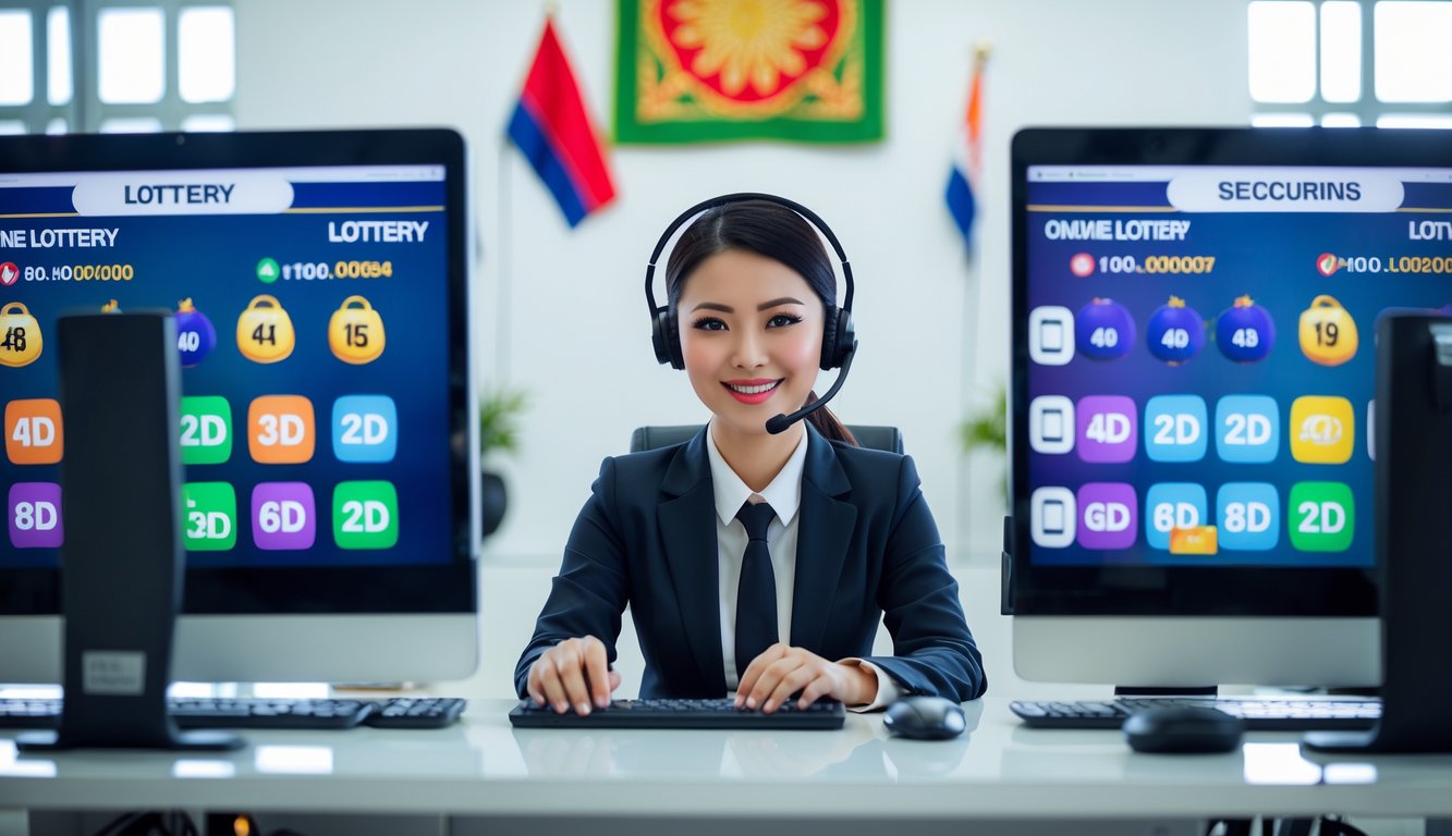 Seorang staf layanan pelanggan duduk di meja dengan beberapa monitor komputer yang menampilkan angka lotere, di kantor yang bersih dan terang dengan elemen budaya Indonesia.