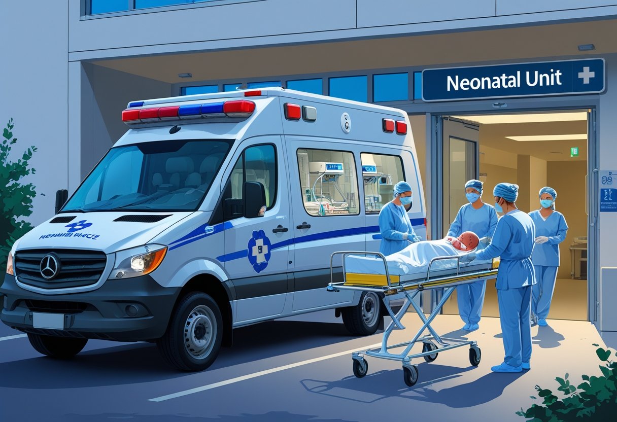 Ambulância neonatal estacionada em frente a um hospital, com profissionais de saúde cuidando de um recém-nascido em uma maca.
