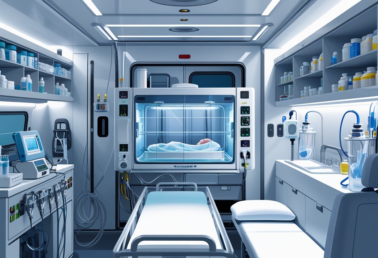 Interior de uma ambulância neonatal mostrando uma incubadora para recém-nascidos, equipamentos médicos essenciais e áreas organizadas para transporte e atendimento.