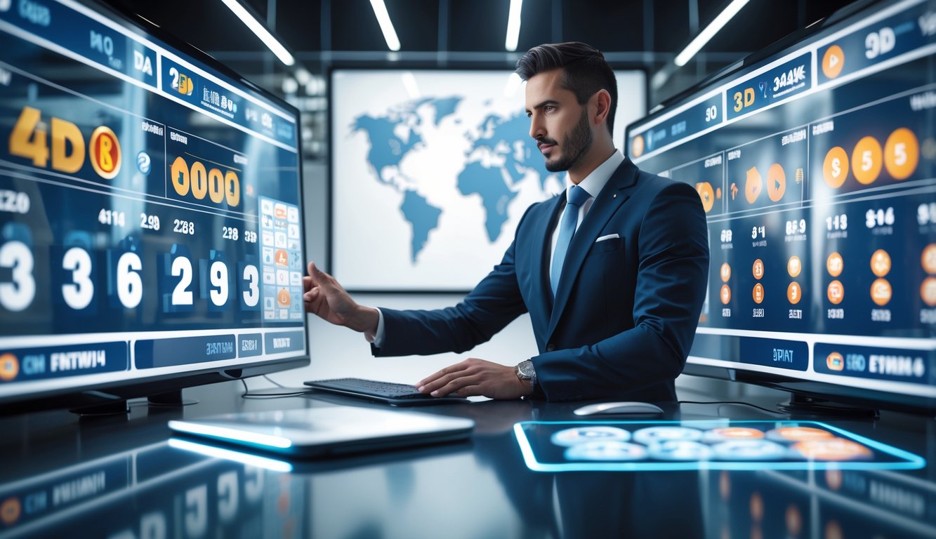 Seorang agen lotere profesional di kantor modern dengan layar digital menampilkan angka dan grafik.