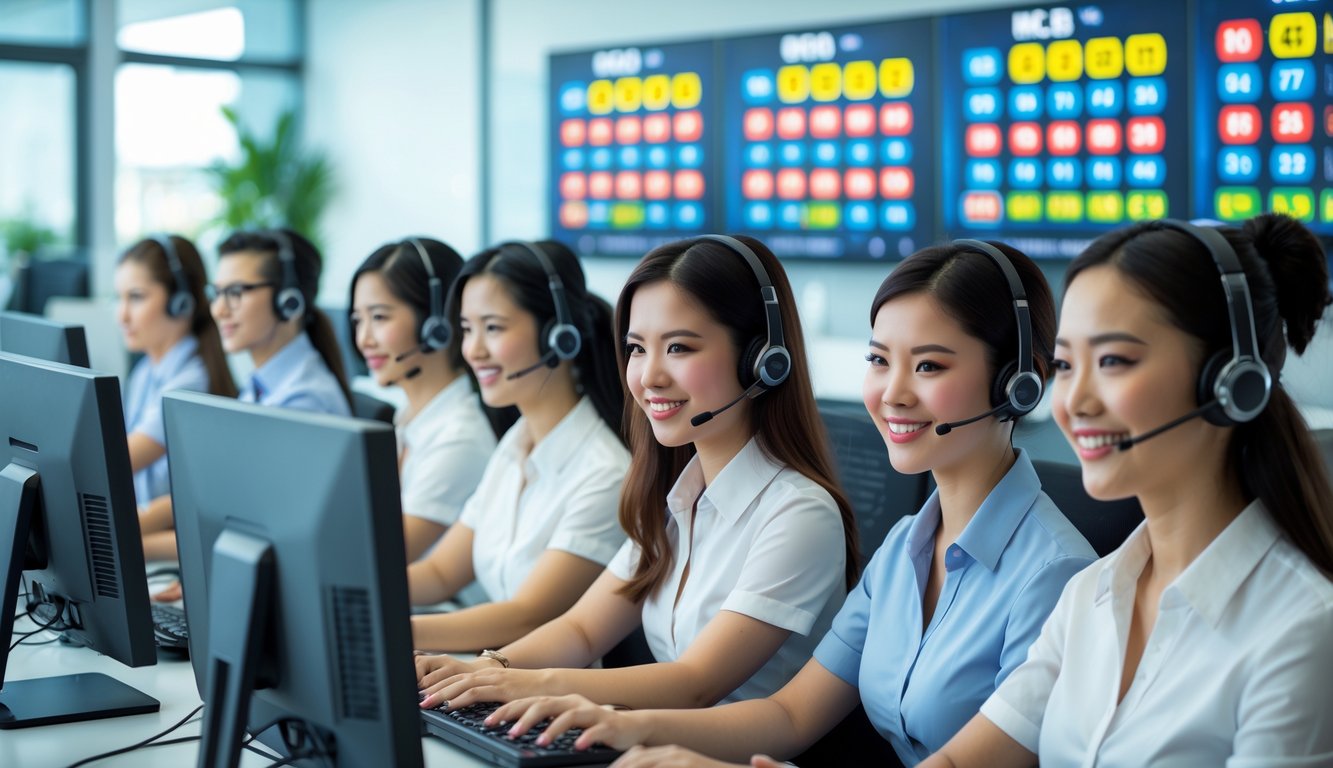 Beberapa petugas layanan pelanggan sedang bekerja di kantor modern dengan komputer dan layar menampilkan angka togel.