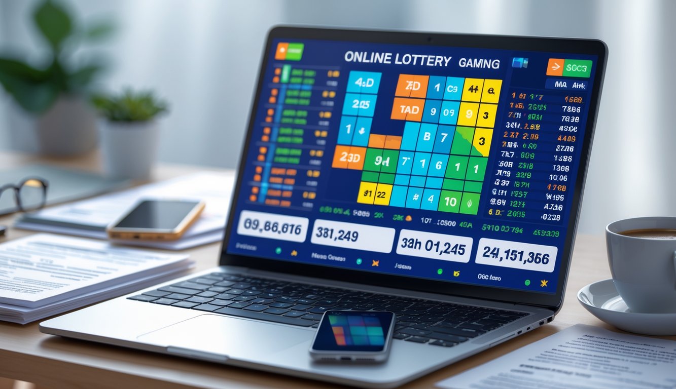 Sebuah meja kerja dengan laptop yang menampilkan data keluaran togel lengkap dan perangkat elektronik di sekitarnya.