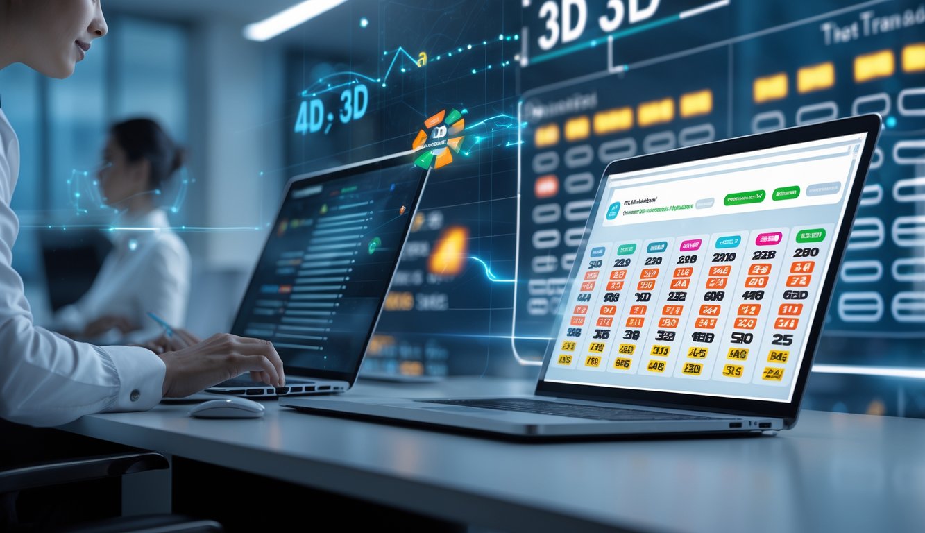 Seorang petugas layanan pelanggan yang percaya diri bekerja dengan laptop di kantor modern yang menunjukkan aktivitas transaksi cepat dan layanan judi togel.