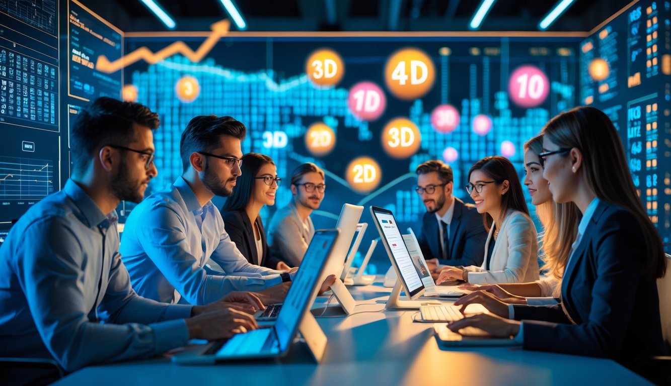 Sekelompok orang sedang bekerja bersama di kantor modern dengan layar digital menampilkan data dan grafik angka.