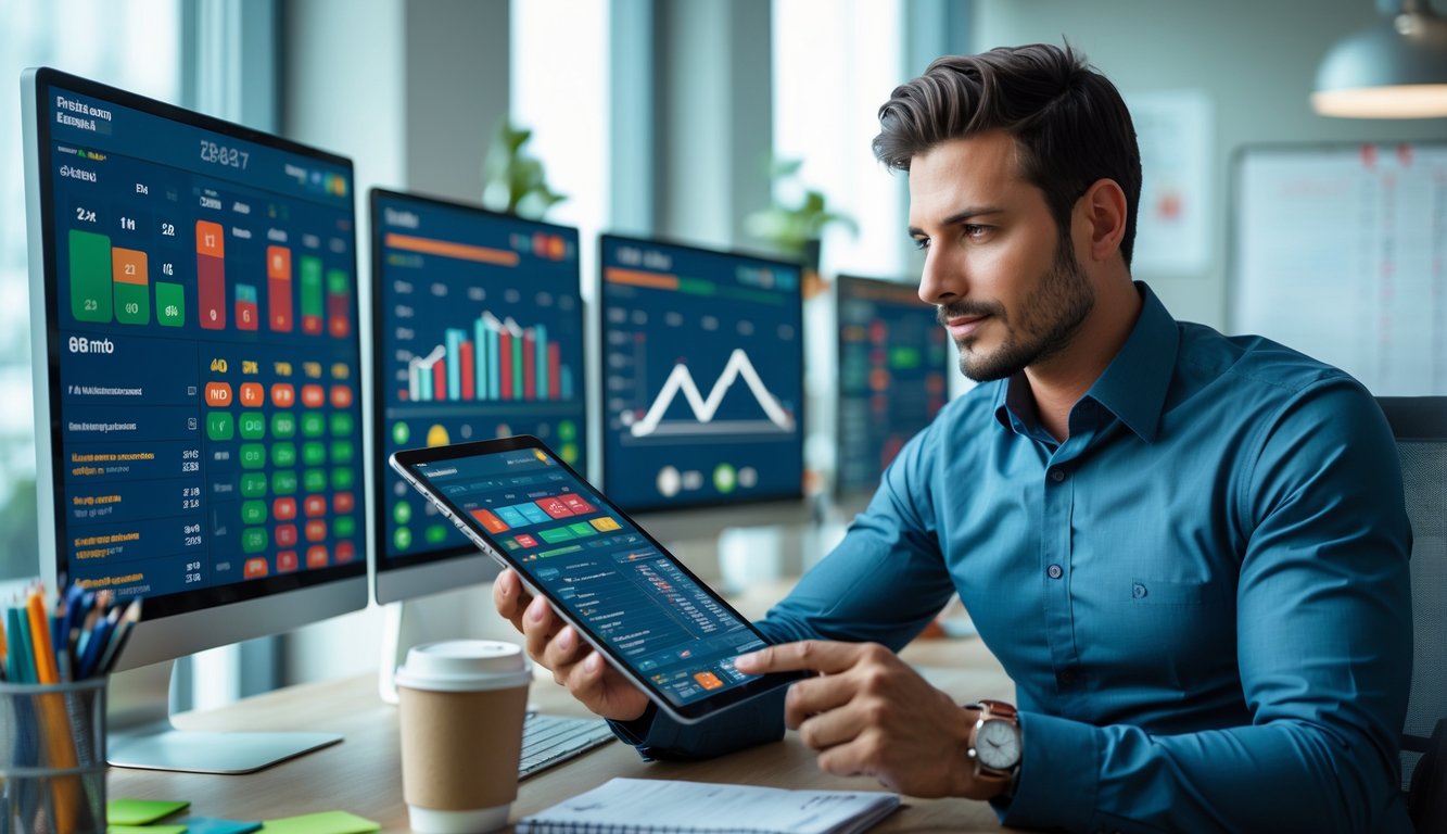 Seorang pria di kantor modern sedang menganalisis data taruhan togel pada beberapa layar komputer dengan fokus dan serius.