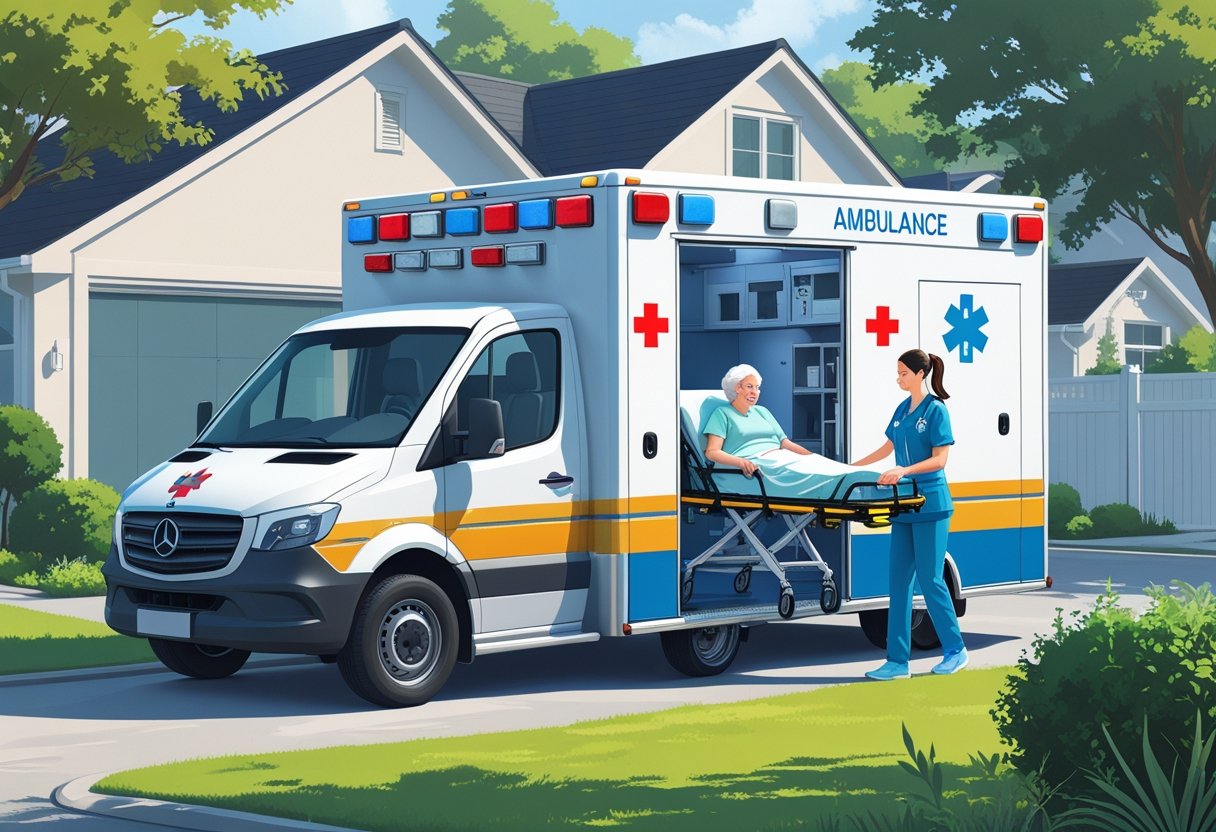 Ambulância de home care estacionada em frente a uma casa, com um profissional de saúde auxiliando um paciente idoso em uma maca.