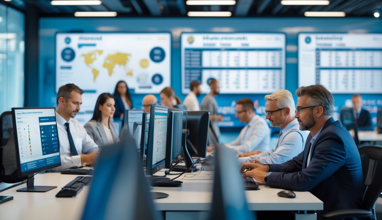 Orang-orang bekerja di kantor modern dengan komputer yang menampilkan grafik dan angka terkait pasar togel.