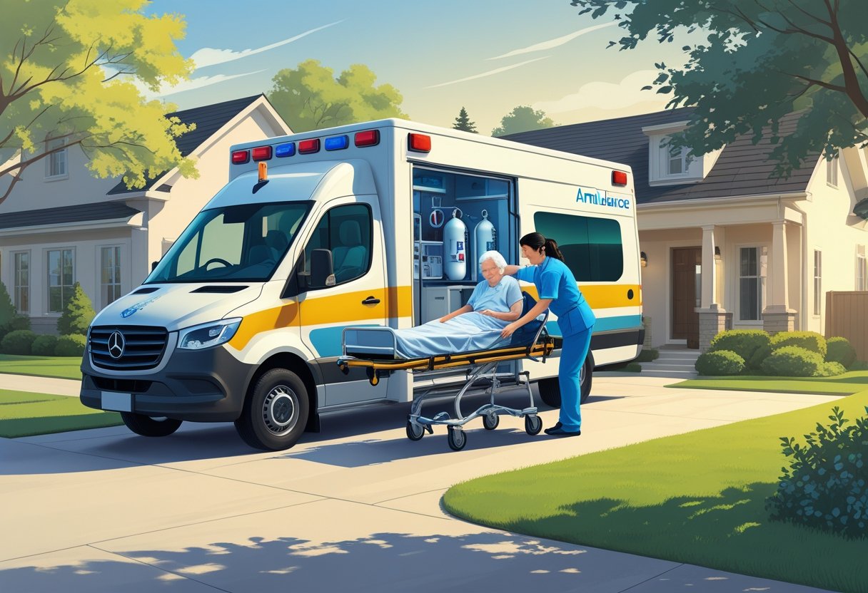 Um profissional de saúde ajudando um paciente idoso em uma maca para entrar em uma ambulância estacionada em frente a uma casa residencial.