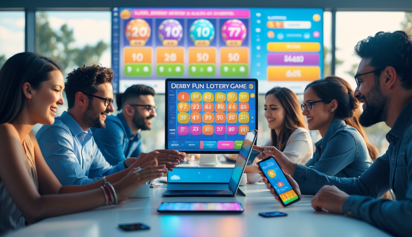 Beberapa orang sedang bermain permainan lotere Derby Run menggunakan perangkat digital di ruang permainan yang terang dan modern.