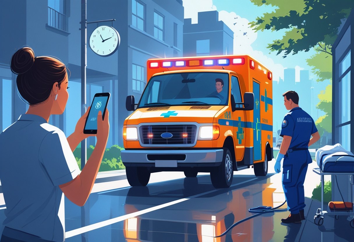 Pessoa fazendo uma ligação de emergência para pedir ambulância enquanto um ambulância chega com paramédico se preparando para ajudar.