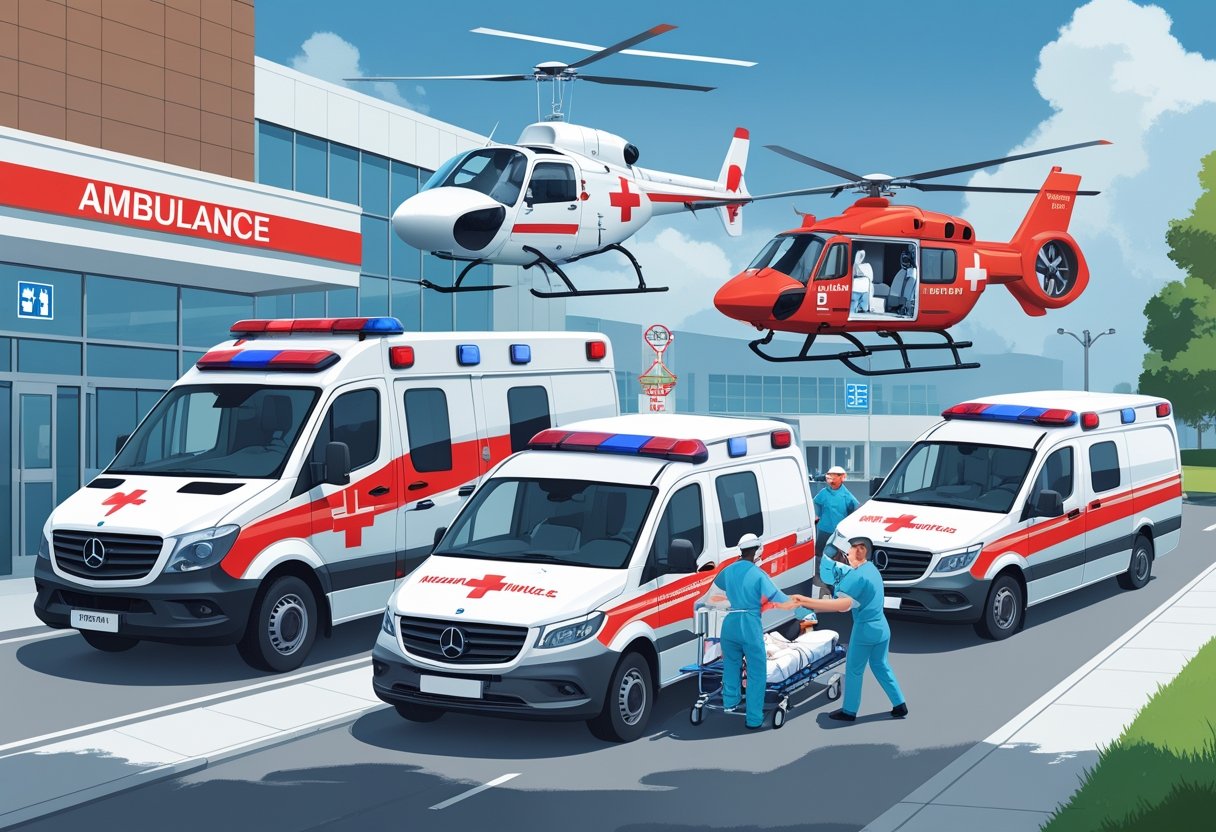Vários tipos de ambulâncias e modos de transporte médico com paramédicos auxiliando pacientes perto de um hospital.