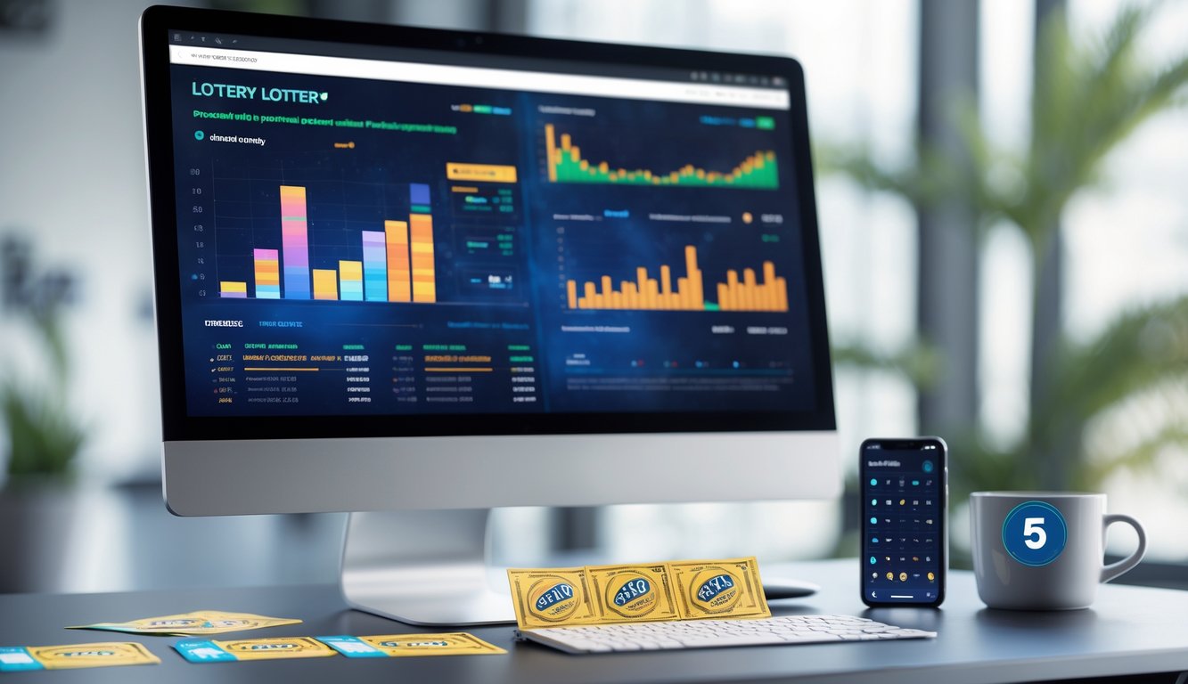 Sebuah ruang kerja modern dengan komputer yang menampilkan grafik dan data hasil togel, tiket togel di meja, dan ponsel dengan aplikasi togel.