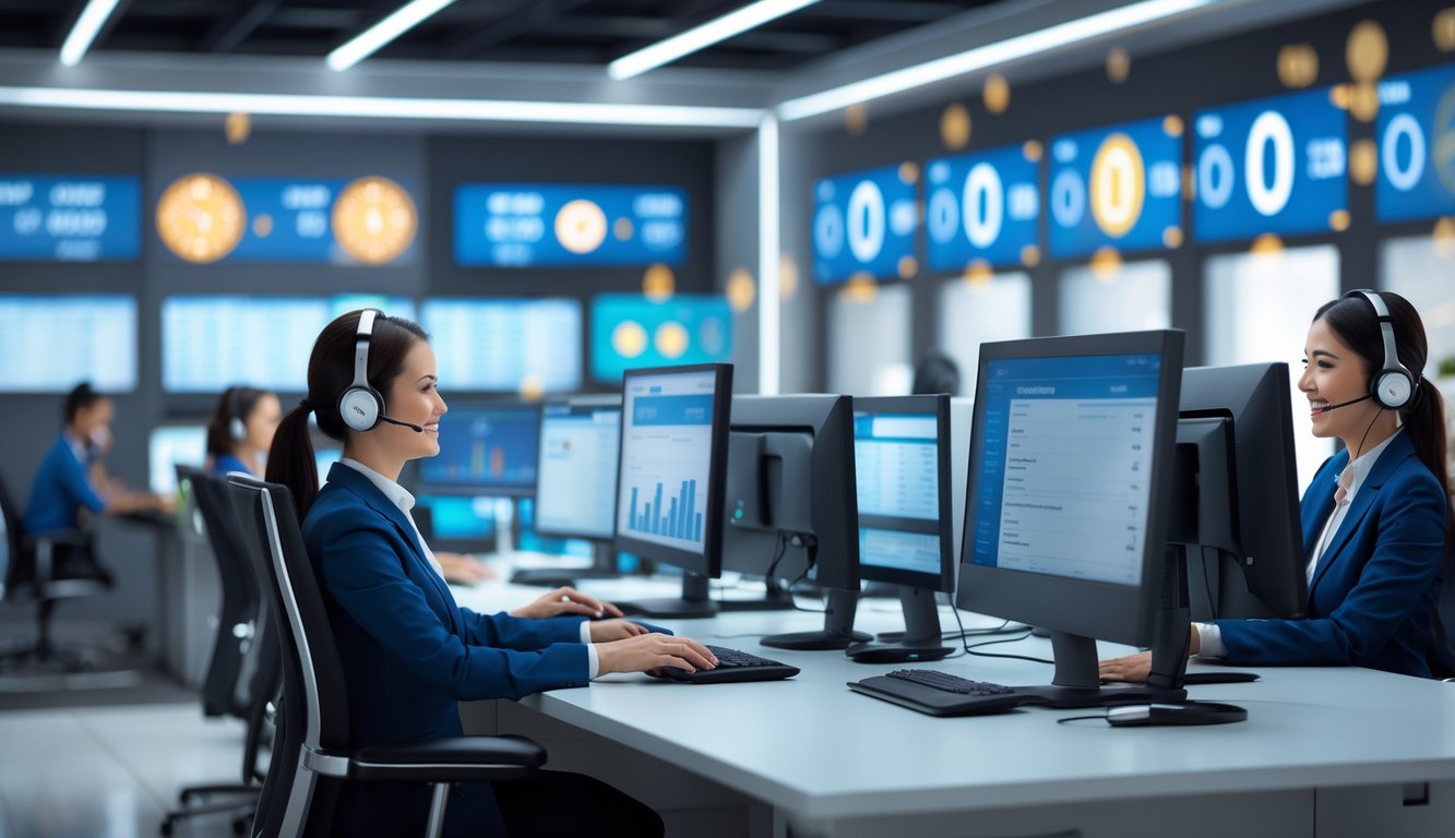 Pusat layanan pelanggan profesional dengan staf yang ramah bekerja di meja dengan komputer dan headset, menunjukkan layanan 24 jam.