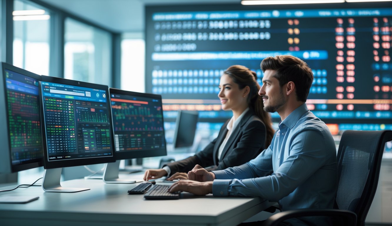 Dua orang sedang bekerja bersama di kantor modern dengan beberapa layar komputer yang menampilkan data prediksi togel.