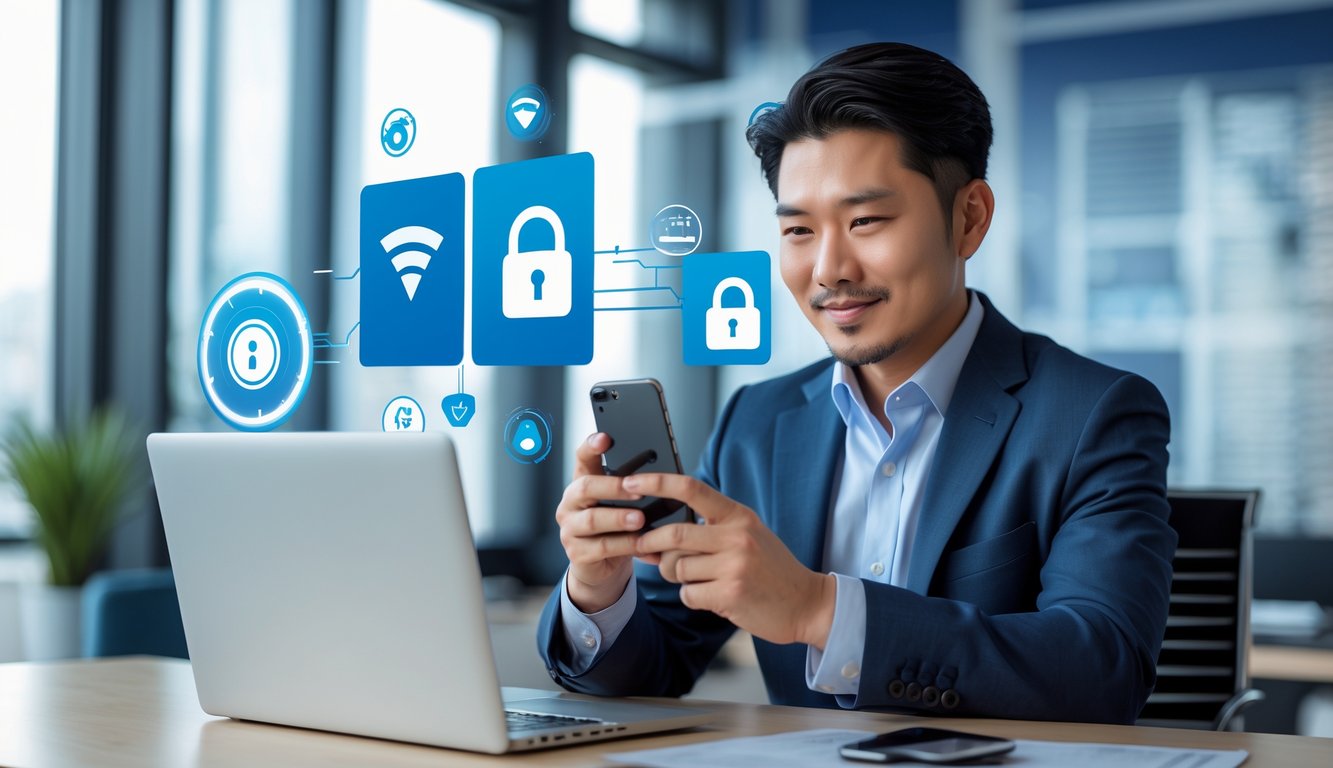 Seorang pria Asia menggunakan ponsel dan laptop di ruang kantor modern dengan simbol keamanan dan kecepatan di latar belakang.