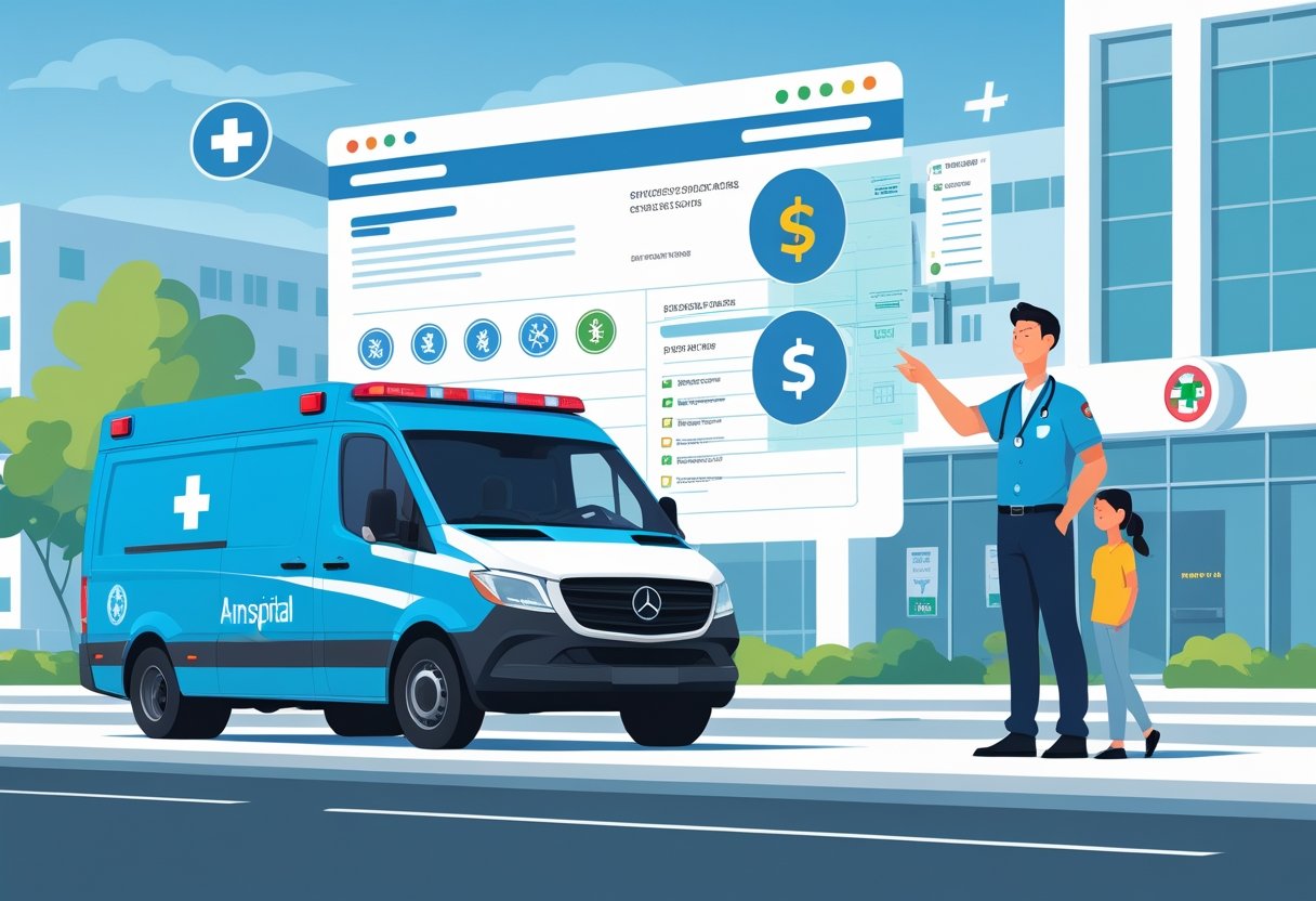 Uma ambulância estacionada em frente a um hospital, com um profissional de saúde explicando uma fatura para um paciente.