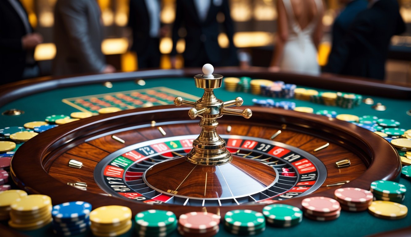 Meja roulette Eropa dengan roda roulette dan chip taruhan di kasino yang mewah.