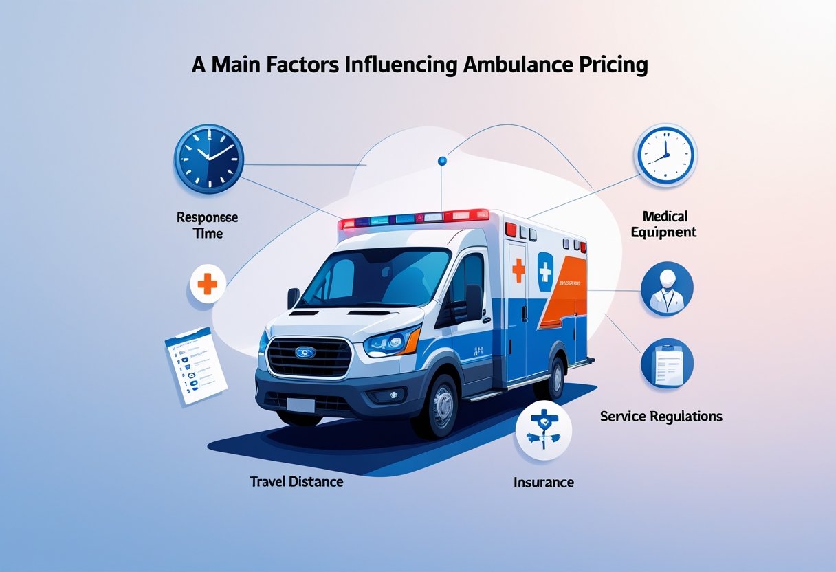 Ilustração mostrando uma ambulância cercada por ícones que representam fatores que influenciam o preço, como tempo de resposta, equipamento médico, distância, profissionais de saúde e regulamentos.