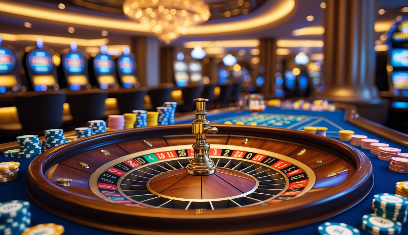 Meja roulette Eropa yang mewah dengan roda roulette berputar dan tumpukan chip warna-warni di kasino yang elegan.