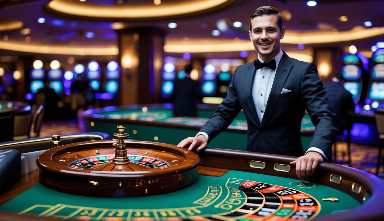 Seorang dealer profesional berdiri di belakang meja roulette Eropa dengan roda roulette yang sedang berputar di kasino mewah.