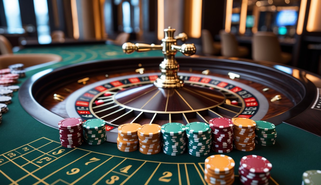 Meja roulette Eropa dengan roda roulette berputar dan chip taruhan di kasino mewah.