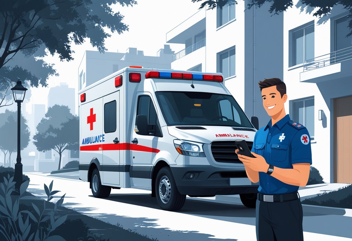 Uma ambulância particular estacionada em frente a um prédio residencial, com um paramédico segurando um smartphone, representando o contato com o serviço de ambulância privada.
