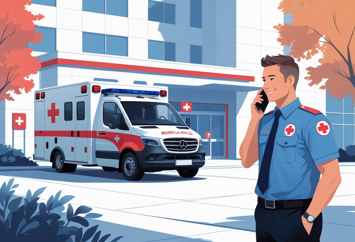 Ambulância particular estacionada em frente a um hospital, com um paramédico atendendo uma ligação telefônica.