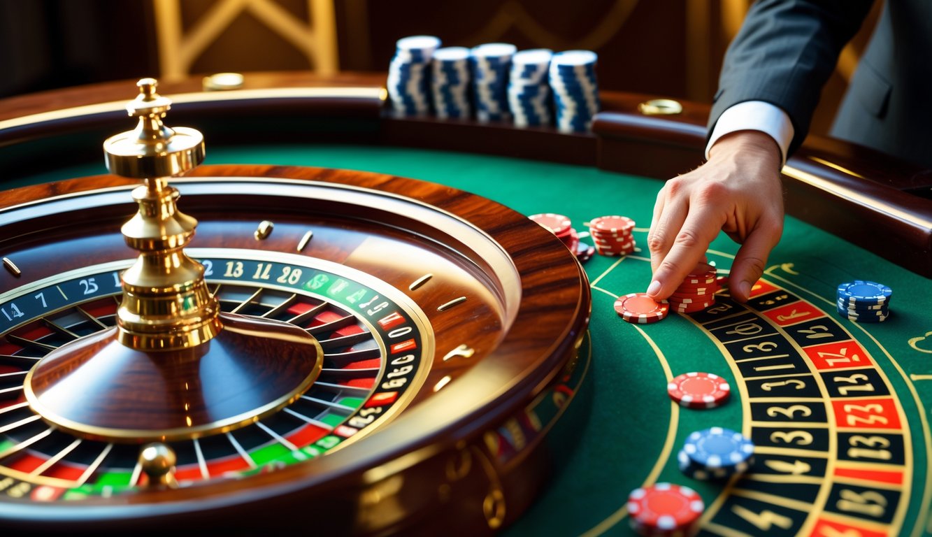 Meja roulette Eropa dengan roda roulette dan chip taruhan di kasino mewah.