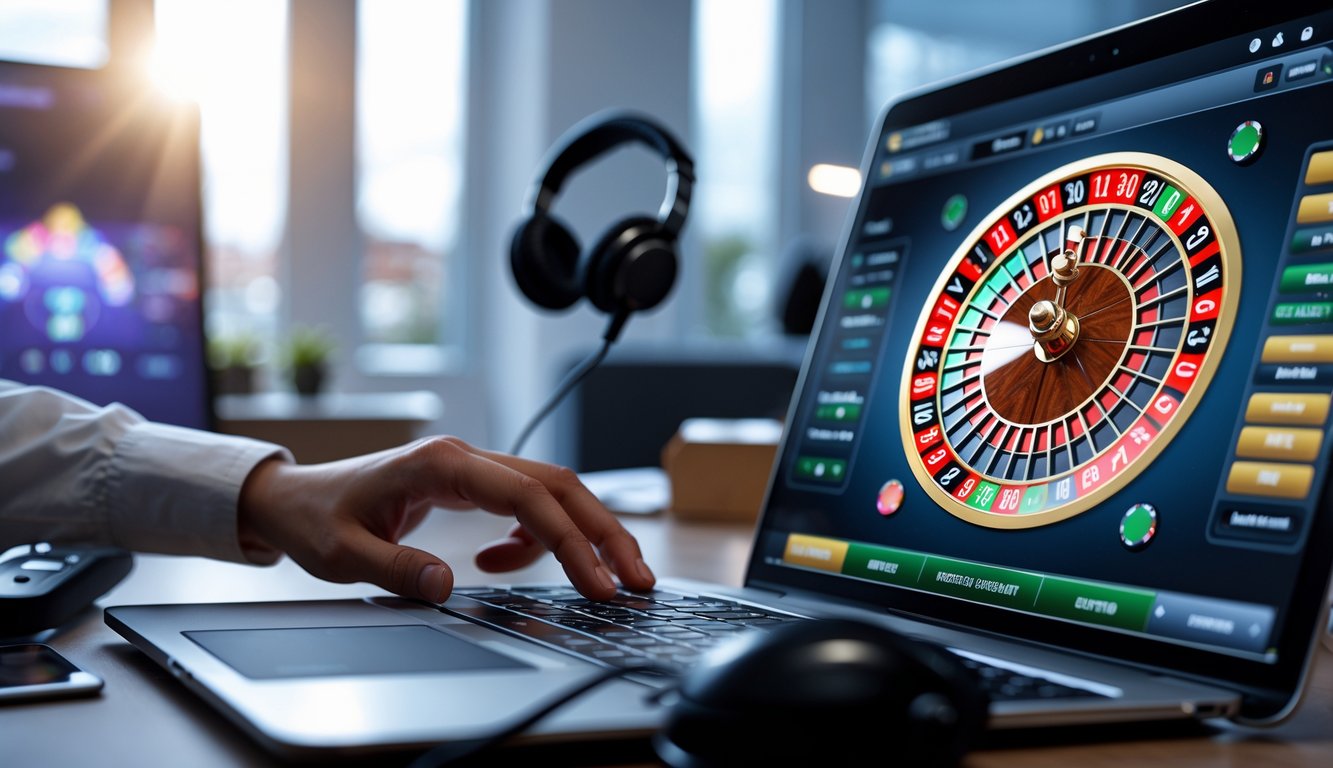 Seorang pemain menggunakan komputer untuk bermain roulette Eropa online dengan latar belakang suasana layanan pelanggan aktif.