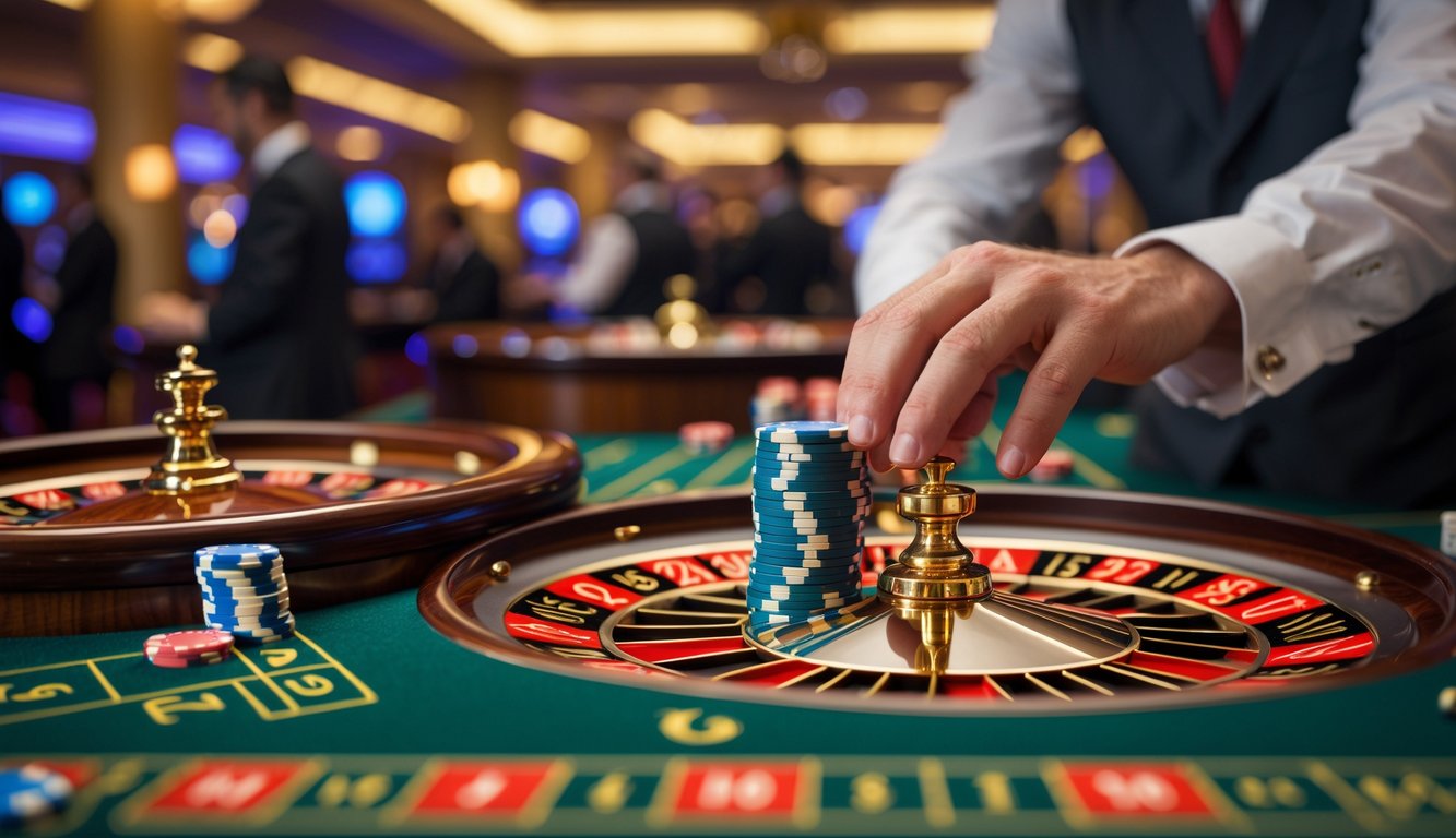 Meja roulette Eropa dengan roda roulette, tumpukan chip kasino kecil, dan tangan pemain yang sedang memasang taruhan di kasino mewah.