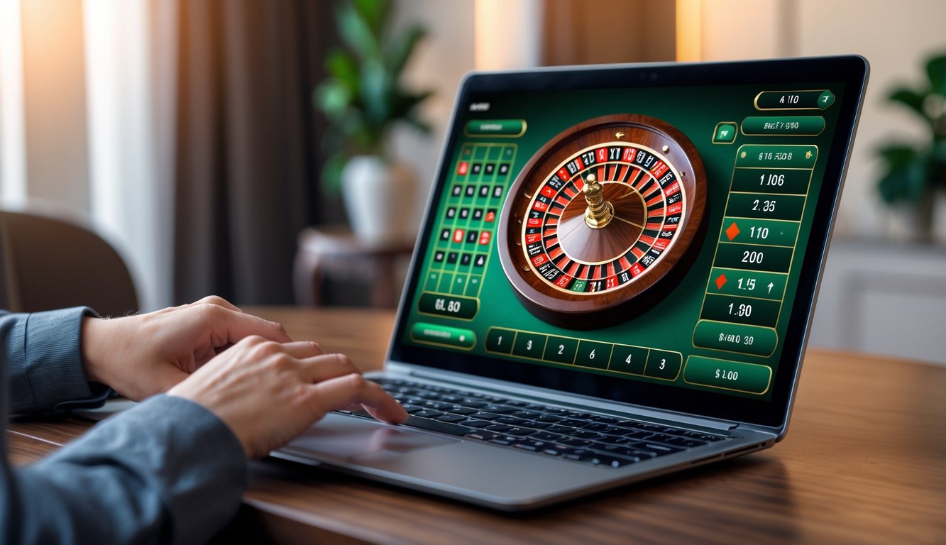 Seseorang menggunakan laptop dengan tampilan permainan roulette Eropa online di layar.