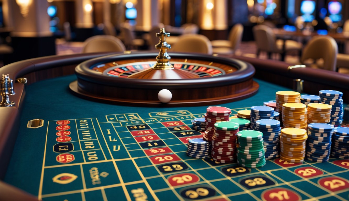 Meja roulette Eropa dengan bola berputar dan tumpukan chip di kasino yang elegan.