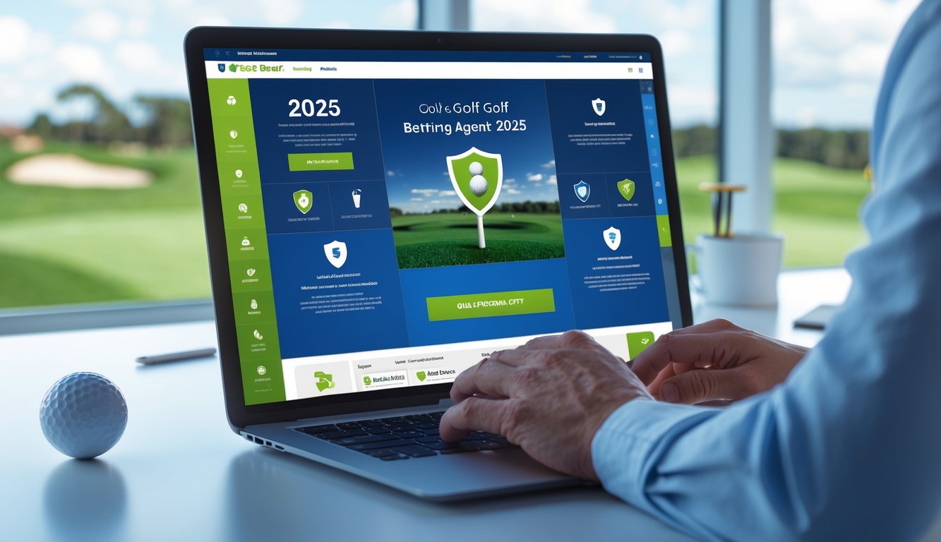 Seorang profesional menggunakan laptop dengan latar belakang elemen golf dan simbol keamanan, di sebuah kantor yang terang dan rapi.