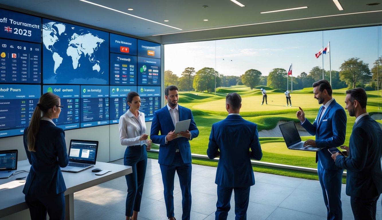 Kantor modern dengan profesional yang bekerja sambil melihat data turnamen golf internasional dan pemandangan lapangan golf di luar jendela.