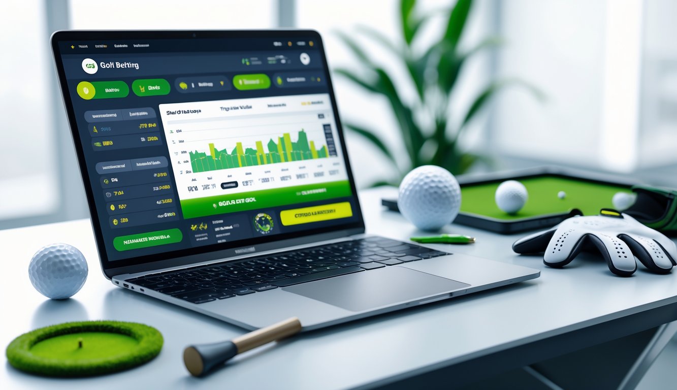 Sebuah laptop di atas meja dengan tampilan antarmuka taruhan golf online, dikelilingi oleh bola golf dan sarung tangan golf.