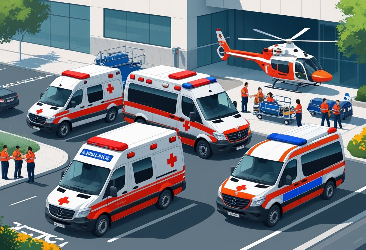Vários tipos de ambulâncias e um helicóptero de resgate em uma rua urbana próxima a um hospital, com profissionais de saúde ao redor.