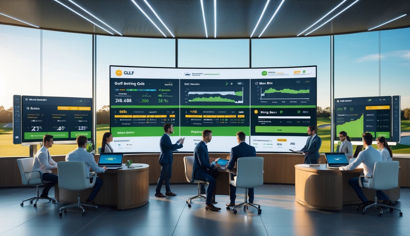 Kantor agen taruhan golf profesional dengan staf yang menggunakan perangkat elektronik dan layar besar menampilkan pembaruan taruhan langsung di latar belakang lapangan golf.