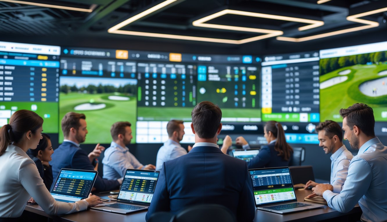 Orang-orang sedang menggunakan perangkat digital untuk memasang taruhan pada turnamen golf besar di sebuah ruang modern.