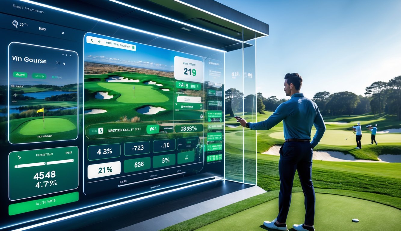 Seseorang menggunakan layar sentuh digital di depan lapangan golf hijau dengan pemain golf sedang bermain.