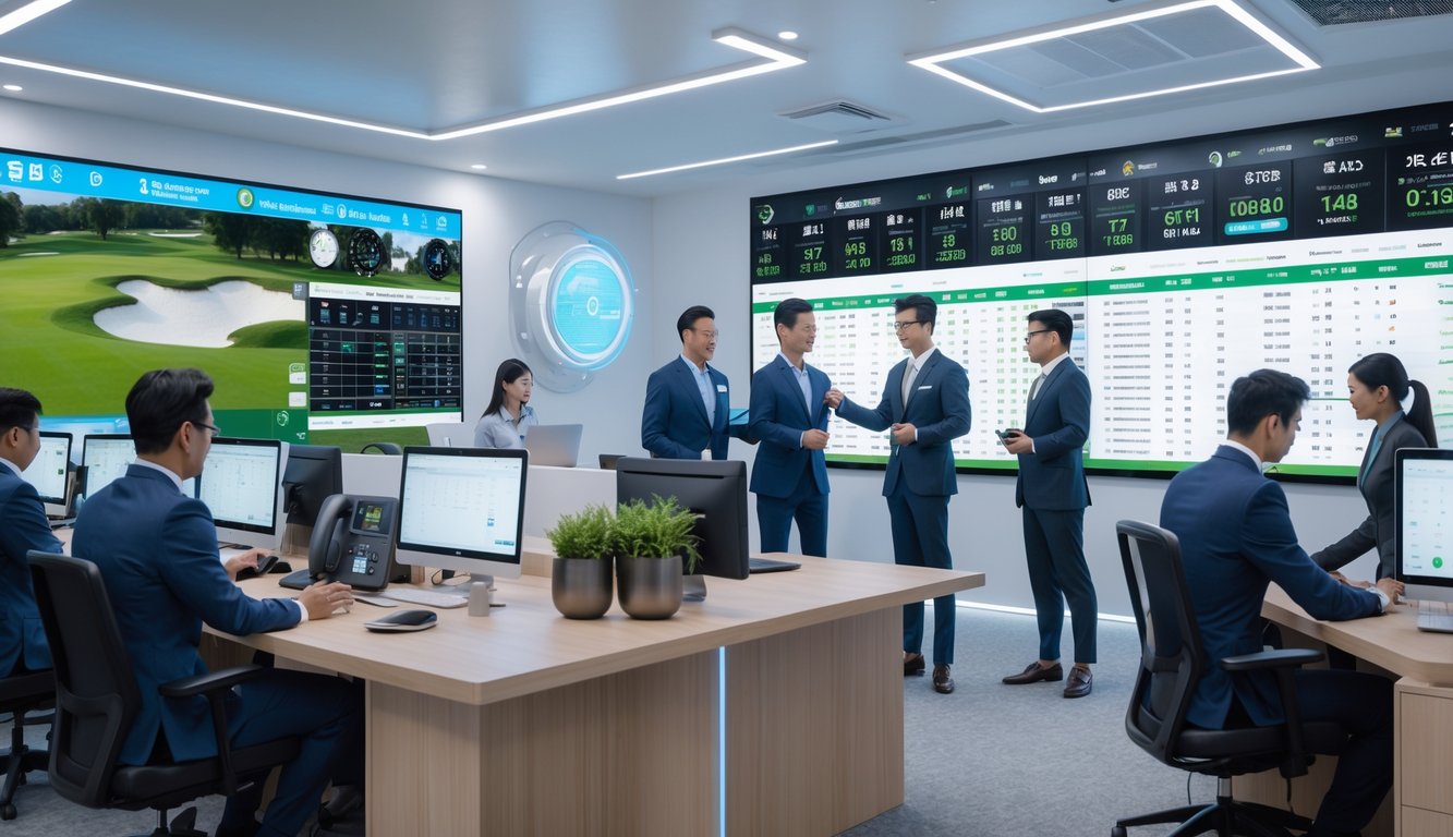 Sejumlah profesional Asia bekerja di kantor taruhan golf modern dengan teknologi canggih dan suasana yang ramah.