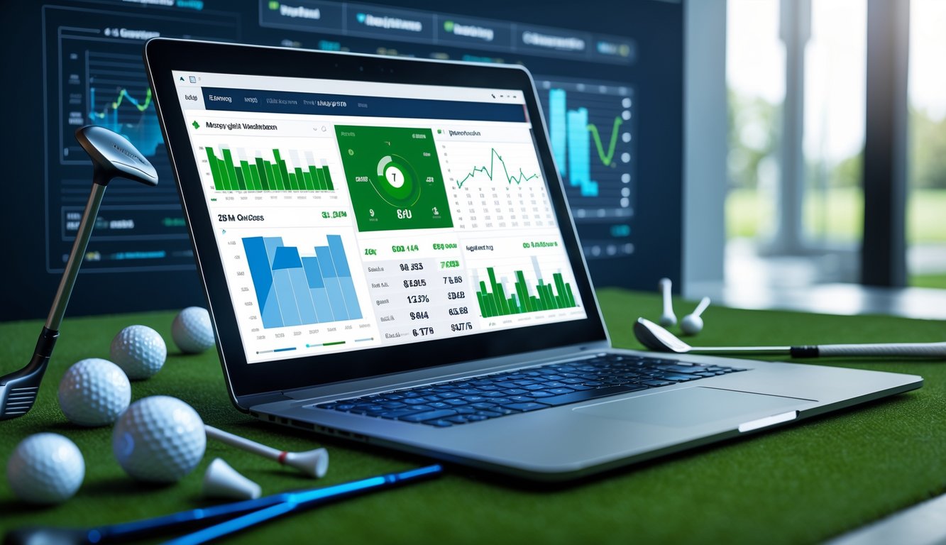 Sebuah meja kerja modern dengan laptop yang menampilkan statistik golf dan prediksi, dikelilingi oleh bola golf, tee, dan stik golf.