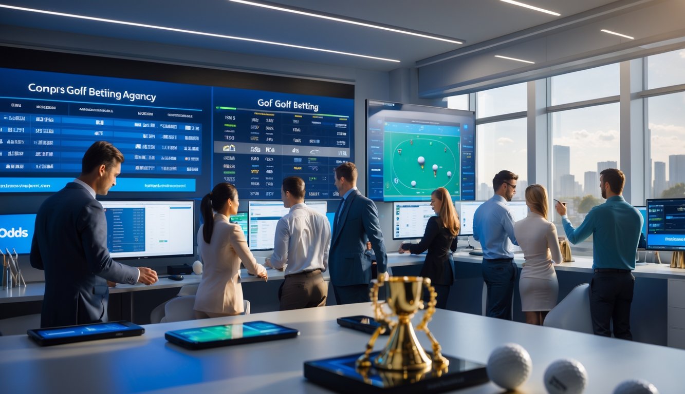 Suasana kantor agen taruhan golf dengan layar digital menampilkan peluang taruhan golf dan orang-orang yang bekerja dengan perangkat teknologi.