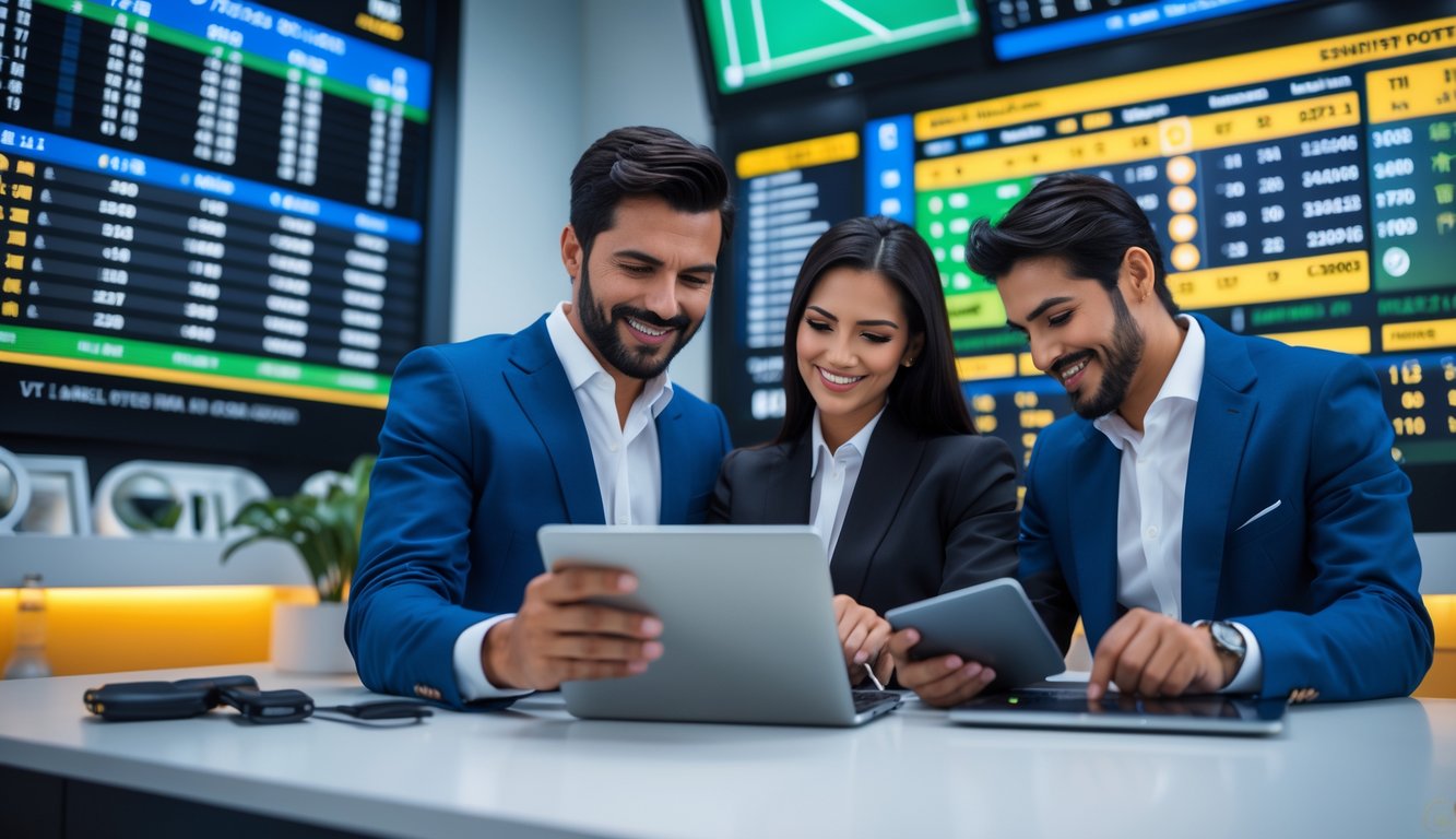 Dua orang profesional sedang menganalisis data taruhan tenis dengan layar digital menampilkan statistik dan peluang taruhan di latar belakang.