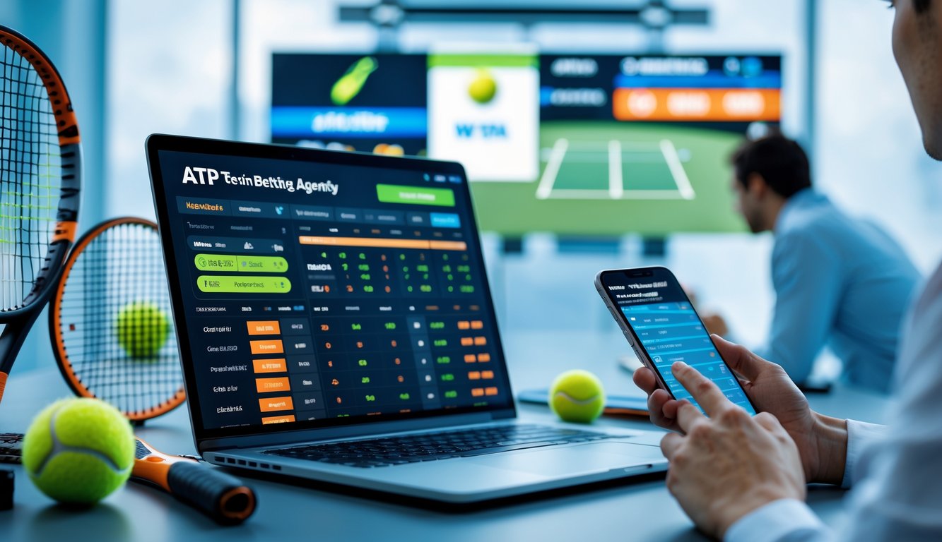 Seseorang sedang menggunakan laptop dengan statistik tenis dan perangkat tenis di meja, menampilkan suasana agen taruhan tenis online resmi.