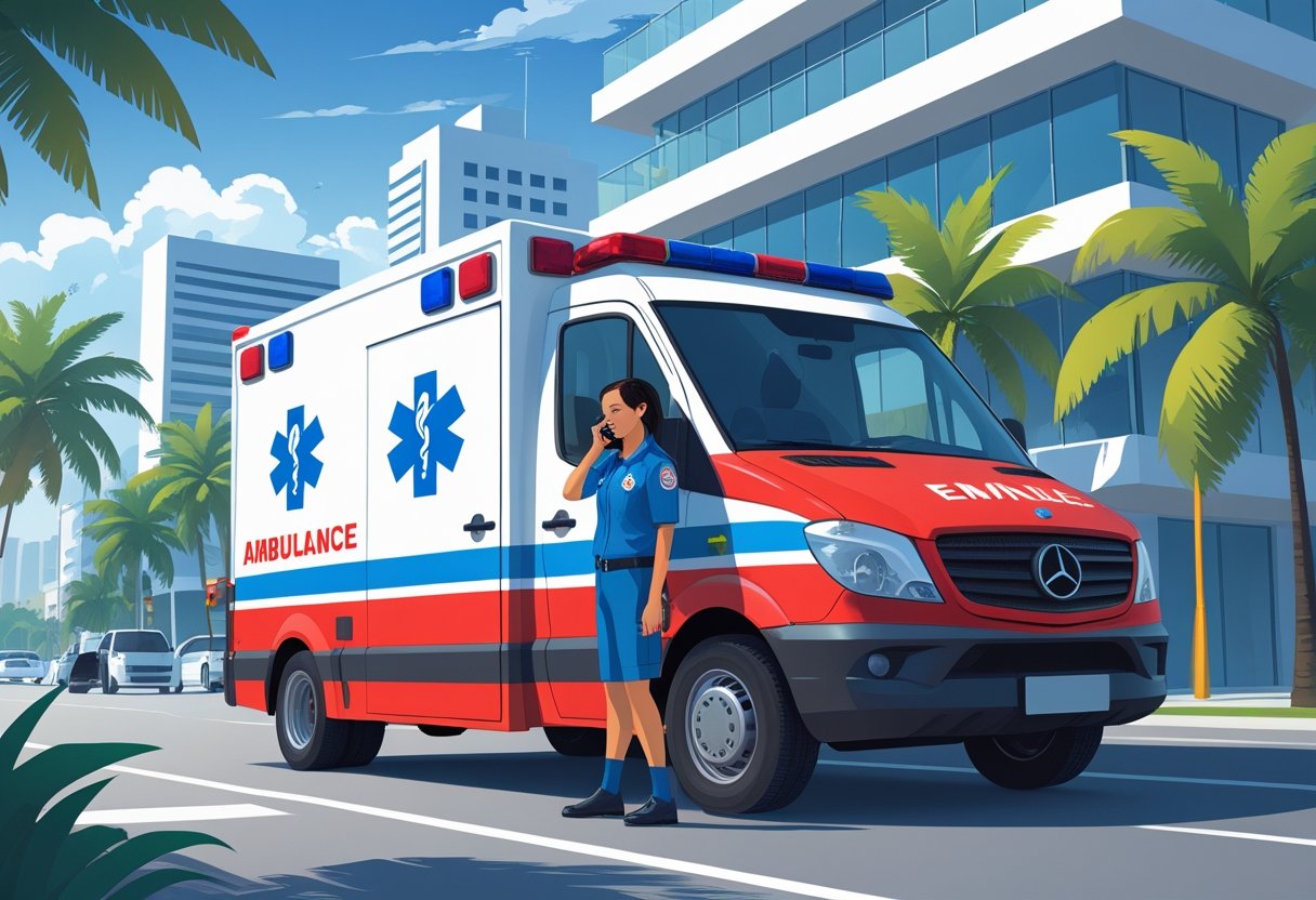 Uma ambulância parada em uma rua da cidade do Brasil, com um paramédico atendendo uma chamada telefônica, pronto para ajudar.