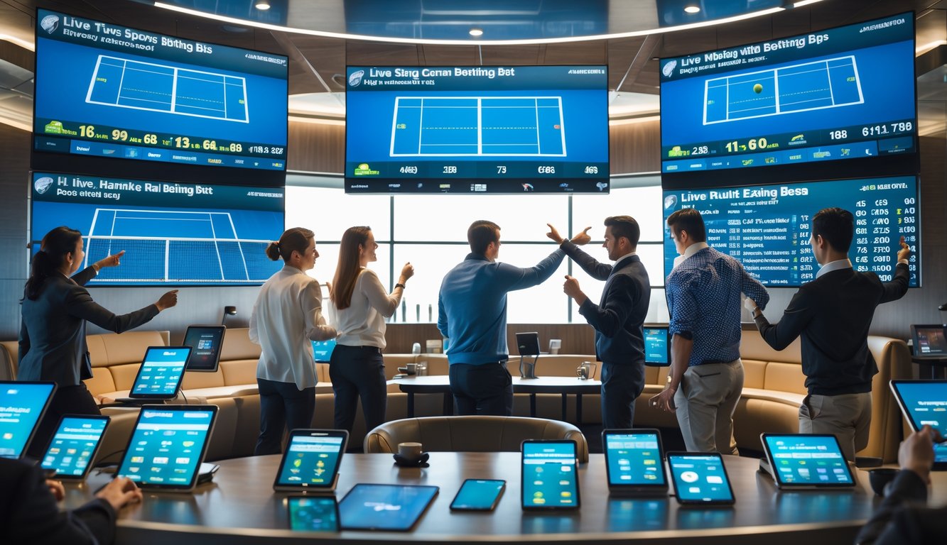 Beberapa orang sedang melihat layar besar yang menampilkan skor tenis secara langsung dan menggunakan perangkat untuk memasang taruhan.