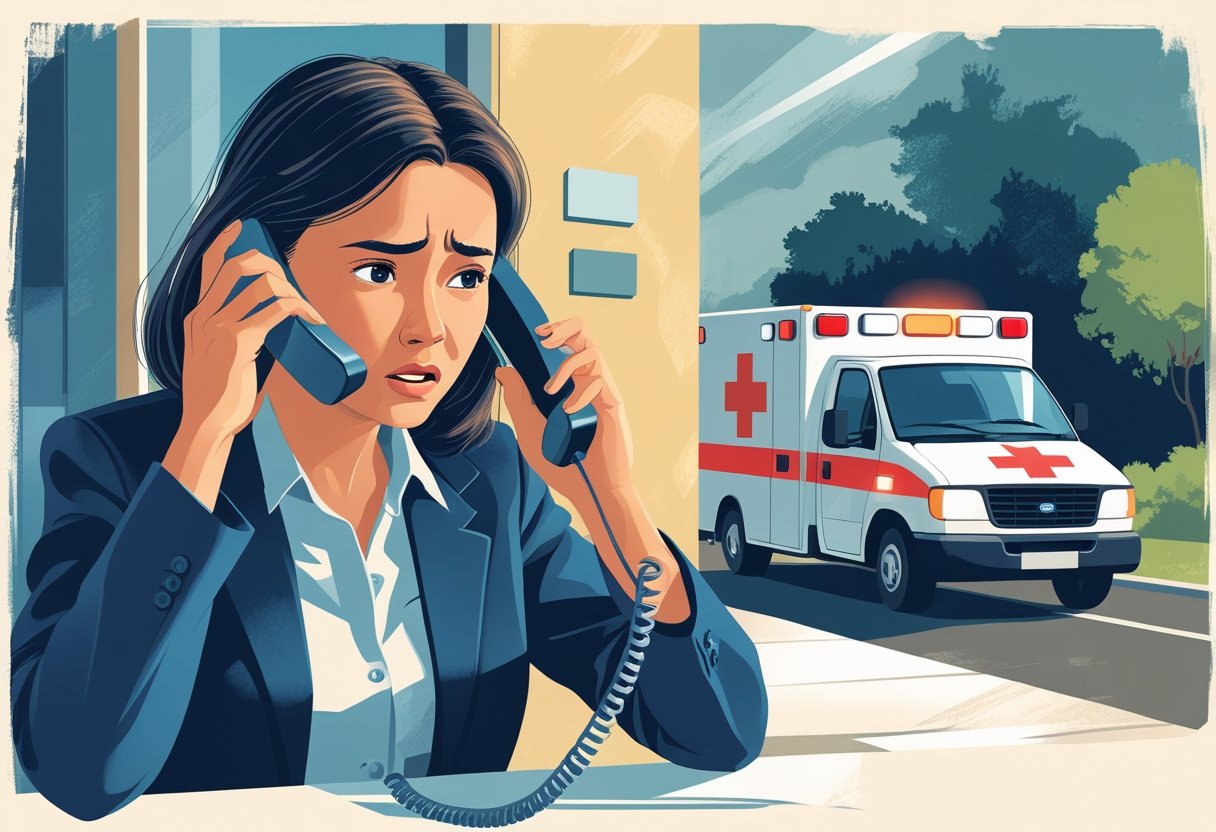 Pessoa ligando para a ambulância em uma situação de emergência com uma ambulância se aproximando ao fundo.